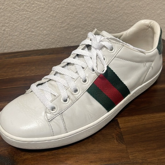 Gucci Ace Sneakers Authentic White Leather Monogram Green Web Sz 35.5 / 5.5 USA - Picture 7 of 17